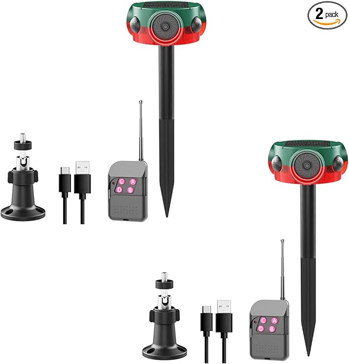 Solar Outdoor Motion Sensor Alarm - 360° Motion Detector Security Alarm, Support Recording, 3*120dB Loud Noise Maker, Dog Barking,14 Sounds and Strobe Light, Remote Controller for Yard Farm Villa (2)