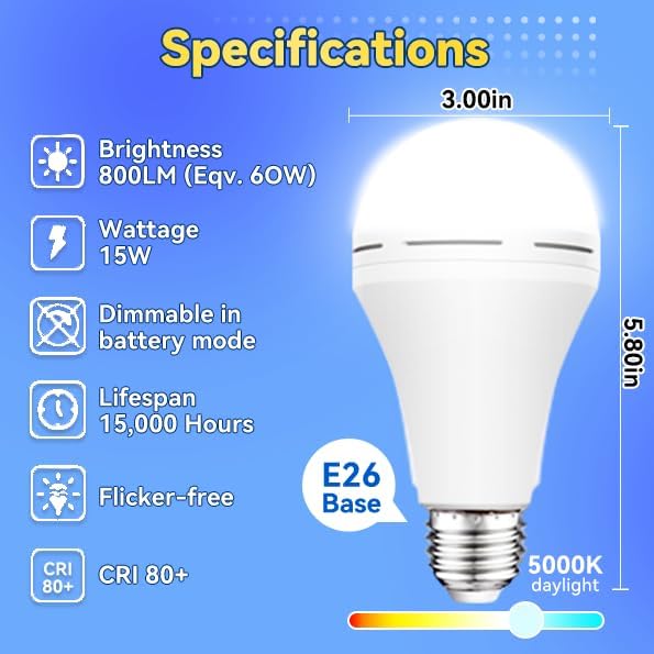 Neporal Emergency-Rechargeable-Light-Bulb, Stay Lights Up When Power Failure,15W 80W Equivalent LED Light Bulbs for Home, Camping, Tent (Daylight, 4 Pack 2600mAh)