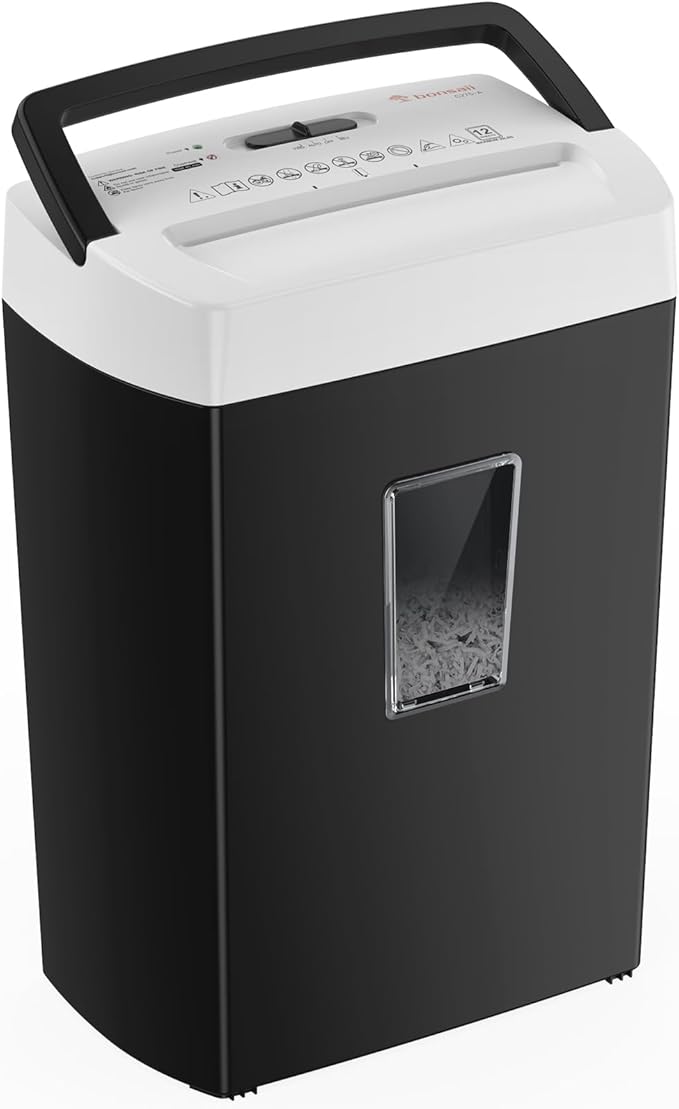 Bonsaii 12-Sheet Cross Cut Paper Shredder, 5.5 Gal Home Office Heavy Duty Shredder for Paper, Credit Card, Mail, Staples, with Transparent Window, High Security Level P-4