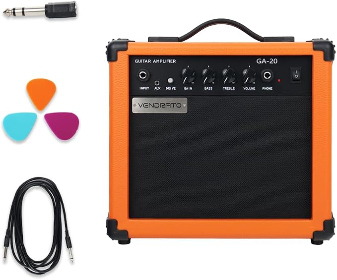 Electric Guitar Amplifier 20w amp Orange Color gain bass Treble 3.5mm aux in Drive 6.5mm Guitar Input Headphone Portable for Beginner Starter Practice Travel amp noiseless Cable Pick and Adapter in