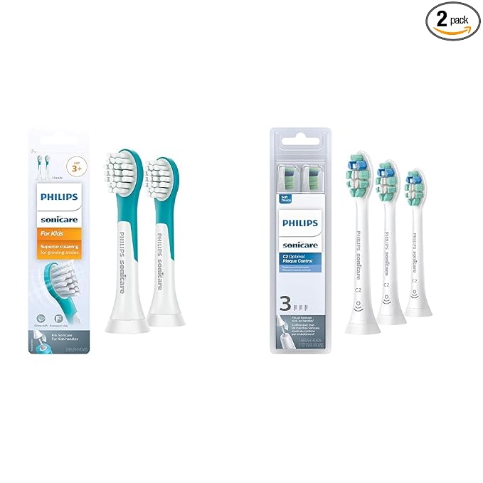 Philips Sonicare for Kids 3+ Genuine Replacement Toothbrush Heads, 2 Brush Heads, Turquoise and White, Compact, HX6032/94 & Genuine C2 Optimal Plaque Control Toothbrush Heads, 3 Brush Heads, White