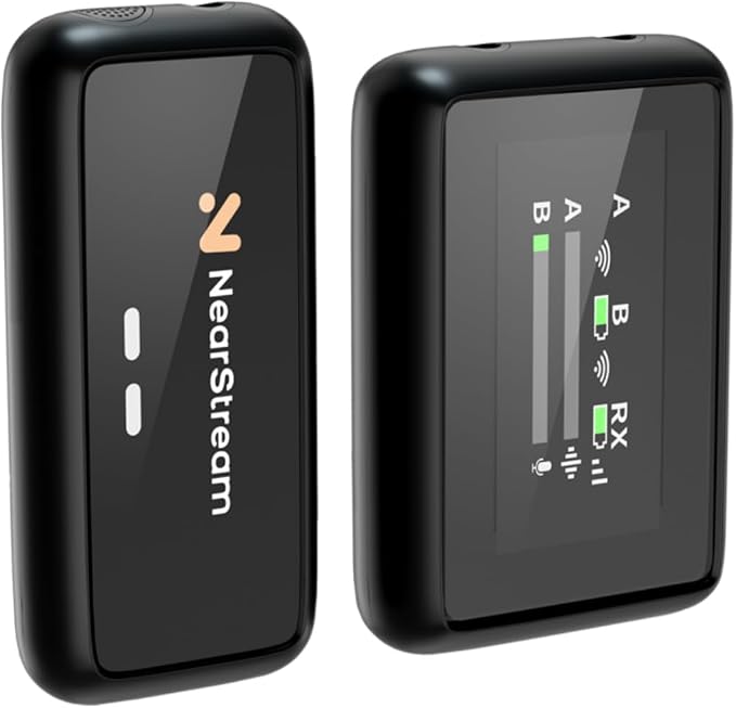 NearStream Wireless Lavalier Microphones with Noise Cancellation, 7H Battery Life, 656ft Transmission, LCD Display, Wireless Lapel Microphone for iPhone/Android/DSLR/Camera/Stream/Podcast (AWM20D)