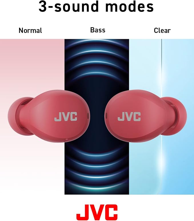 JVC Compact and Lightweight Gumy Mini True Wireless Earbuds Headphones, Long Battery Life (up to 23 Hours), Sound with Neodymium Magnet Driver, Water Resistance (IPX4) - HAA6TR (Red)