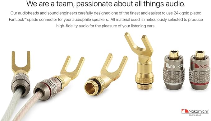 Nakamichi FanLock Excel Series 24k Gold Plated Spade Connector Banana Plug 10 AWG - 18 AWG Gauge Size 4mm for Speakers Amplifier Hi-Fi Home Theatre Wire Cable Quick Connector, 4 Pcs (2-Pairs)