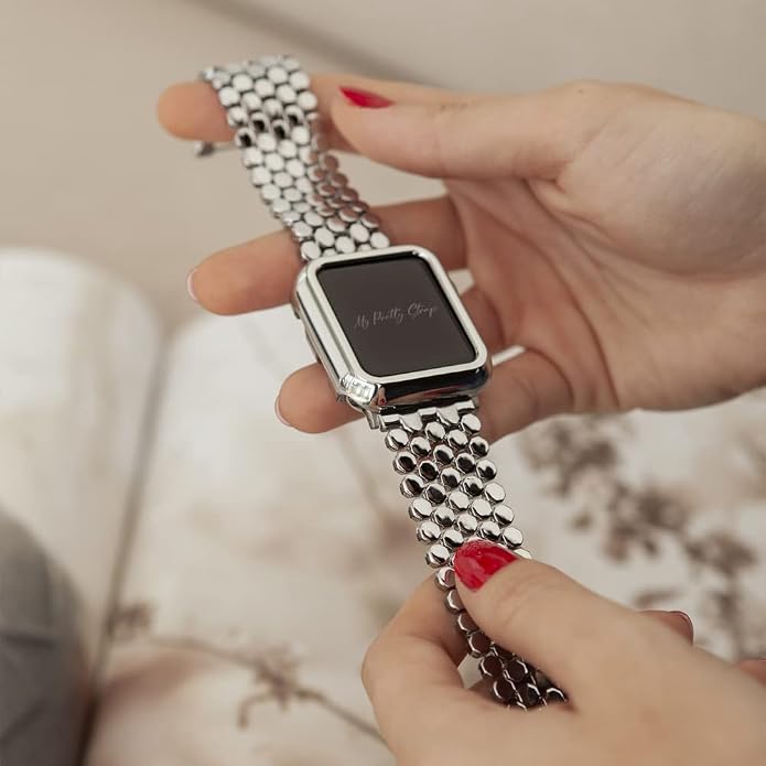 My Pretty Strap - Compatible Apple Watch Band Strap, Stainless Steel Fashion iWatch Replacement Strap- Easy Resizing, No Tool Needed, Fits Most Wrists- Series 1-11, SE and Ultra