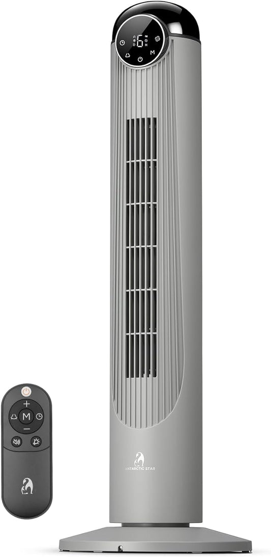Antarctic Star T36 Tower Fan-36 Inch, Bladeless Oscillating Fan with Remote, 6 Speeds & 4 Modes, LED Display, 9H Timer, Quiet Floor Standing Fan for Bedroom Living Room Office, Grey