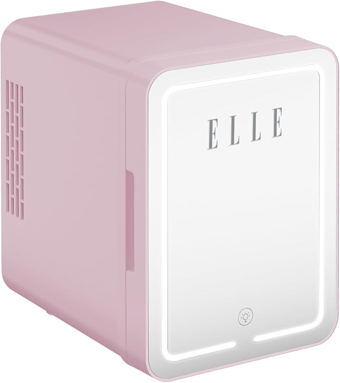 ELLE 4L Mini Cooler Fridge with LED Makeup Mirror for Skincare & Cosmetic Storage Cooler & Warmer Removable Shelf Carrying Handle AC DC Power Options Small Refrigerator for Bedroom Car Office Pink