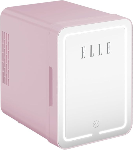 ELLE 4L Mini Cooler Fridge with LED Makeup Mirror for Skincare & Cosmetic Storage Cooler & Warmer Removable Shelf Carrying Handle AC DC Power Options Small Refrigerator for Bedroom Car Office Pink