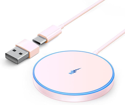 Magnetic Wireless Charger Fast Apple Mag-Safe Charger for iPhone 15 Pro Max/15 Pro/15/15 Plus/14/13/12 Series AirPods 3/2/Pro/Pro 2 LED Magnet Charging Pad with Dual Charging Ports Pink