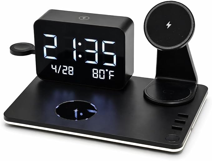 25W Magnetic Wireless Charging Station with Bluetooth Clock, 7-in-1 Rotatable Stand with Dimmable LED Lamp, 65W Adapter, Charger for iPhone 17/16/15 Apple Watch AirPods Bedside Nightstand Desk