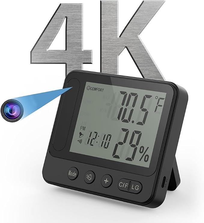 Ultra 4K HD Security Hidden Camera – Wireless Smart Indoor Hygrometer Thermometer with App Remote Control, Motion Detection, Night Vision, Temperature & Humidity Alert and Alarm Clock, Support 2.4G&5G