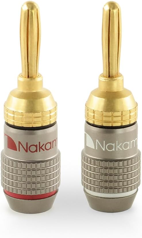 Nakamichi FanLock Excel Series 24k Gold Plated Banana Plugs 10 AWG - 18 AWG Gauge Size 4mm for Speakers Amplifier Hi-Fi Stereo Home Theatre Radio Audio Wire Cable Quick Connector 2 Pcs (1-Pair)