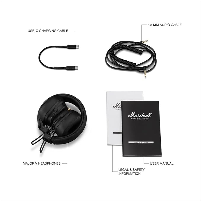Marshall Major V Wireless On-Ear Bluetooth Headphones - 100+ Hr Playtime | Detachable Audio Cable | Microphone for Calls | Lightweight, Foldable Design for Travel - Black