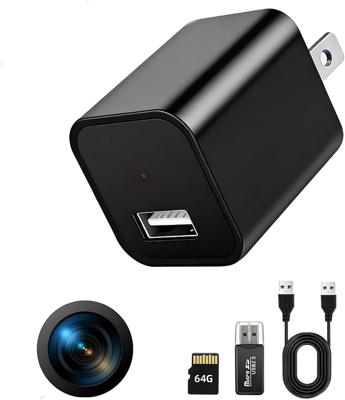 64G USB Charger Hidden Camera, 1080P Motion Detection Indoor Security Camera with SD Card Included, No WiFi/Monthly Fee, 106° Wide Angle, Local Storage Home Monitoring Device (2026 Upgraded)