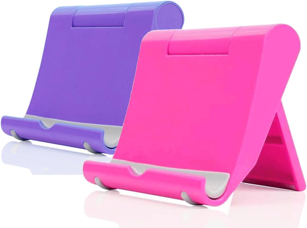 Cell Phone Stand for Desk 2 Pack Mobile Phone Holders Desktop Tablet Stand, Foldable Phone Dock Universal Adjustable Tablet Stand for Desk (Pink+Purple)