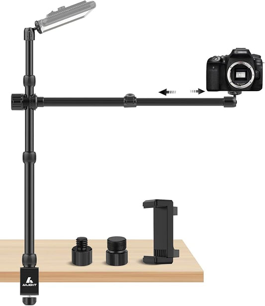 Ailight Camera Desk Mount Stand Overhead, Adjustable Microphone Boom Arm Mic Stand with Phone Holder, Camera Arm Clamp 5/8'' 3/8'' 1/4'' Screws for Shure, Blue Yeti, Rode, Elgato, Fifine, HyperX