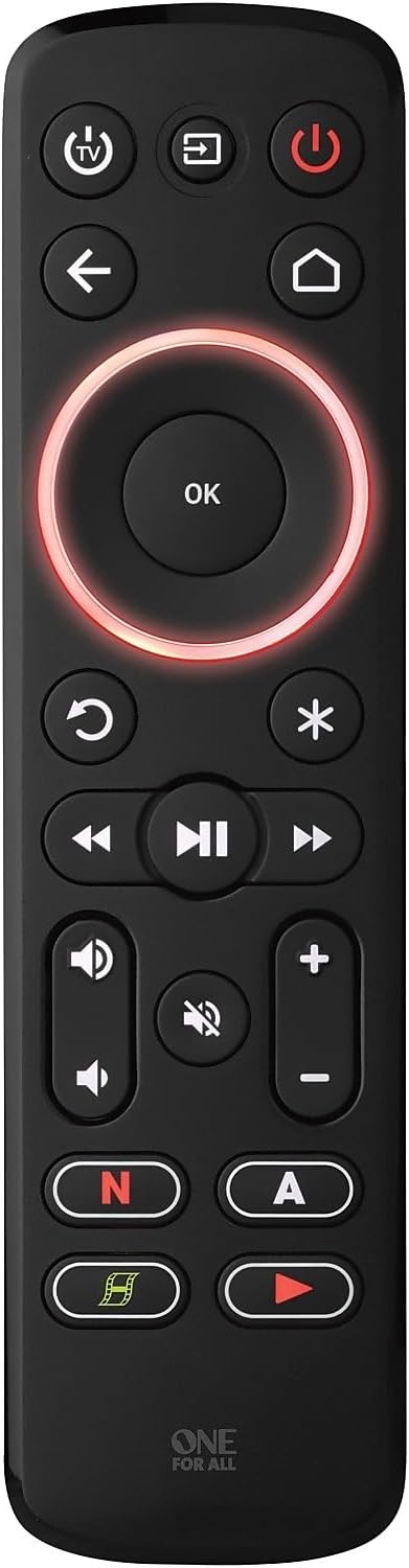 One For All Streamer Remote (New, in Retail Packaging) – Controls up to 3 Devices - (IR) - Control Your Streamer Box, TV and Sound bar – Learning Feature - Backlit Keys - Black – URC7935