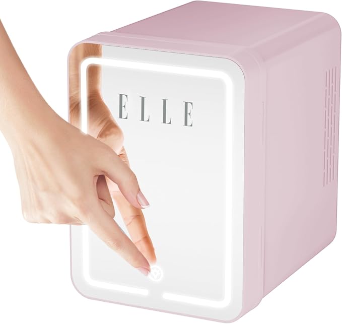 ELLE 4L Mini Cooler Fridge with LED Makeup Mirror for Skincare & Cosmetic Storage Cooler & Warmer Removable Shelf Carrying Handle AC DC Power Options Small Refrigerator for Bedroom Car Office Pink