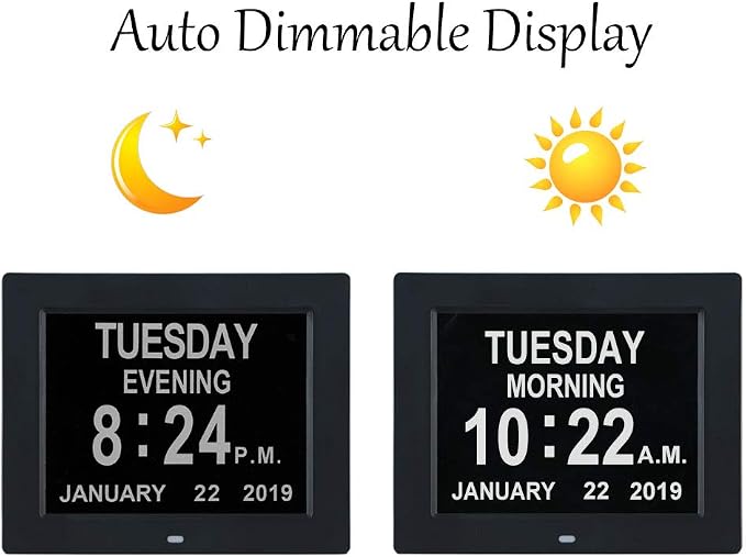 TMC 8 Inch Dementia Clock for Seniors – Large Auto-Dimming Calendar Display with Date & Time, Multi-Language Support, Medicine Reminders & Alarms – Wall or Desk Mount, Integrated Stand (Black, SD)