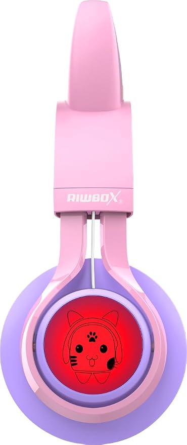 Riwbox Kids Headphones, CT-7S Cat Ear Bluetooth Headphones with LED Light, 85dB Volume Limiting, Over Ear with Microphone for Laptop/PC/TV (Pink&Purple)