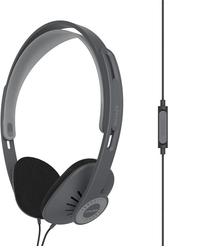 Koss KPH30iK Retro Style On-Ear Headphones, in-Line Microphone and Touch Remote Control, D-Profile Design, Wired with 3.5mm Plug, Dark Grey and Black