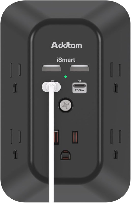 Addtam 5-Outlet Extender Surge Protector, Multi Plug Wall Outlet with 4 USB Wall Charger(PD 30W), Plug Extension Outlet 1800J, Outlet Splitter Power Strip for Home Office Dorm Room Essentials, Black