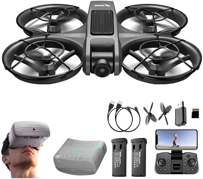 VR FPV Hobby Drone with VR Goggles, Optical Flow Positioning, Dual Batteries, One Key Takeoff/Landing, APP Control, Brushless Motor, Beginner-Friendly Quadcopter with Propeller Guards, Altitude Hold, Dual Cameras & LED Night Lights, a first-person view
