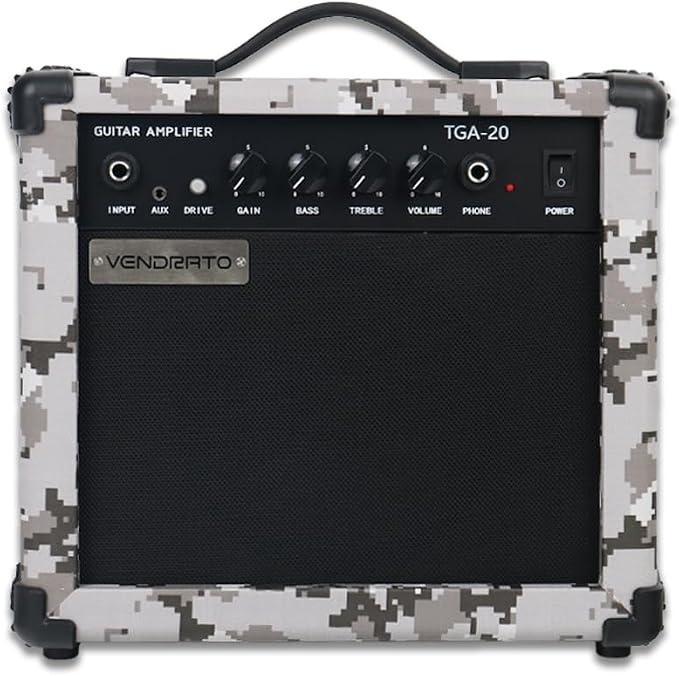 Electric Guitar Amplifier 20 Watt Amp Grey Camo Pixel Speaker Input Jack Aux Drive Gain Bass Treble Volume Headphone Multi Function Suitable for Beginner Starter Practice