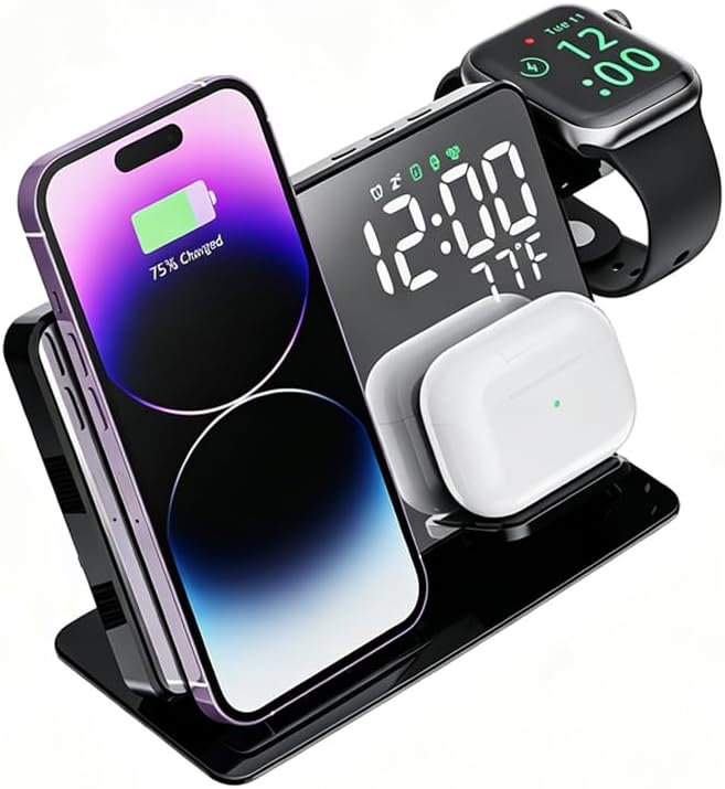 IHAO 4in1 Multifunctional Alarm Clock with Magnetic Wireless Charging15W Fast Charge for Qi Phone, Earbuds, iWatch LED Display as Mirror Show Temperature, USB Port, Smart Bedside Organizer-W669 Black
