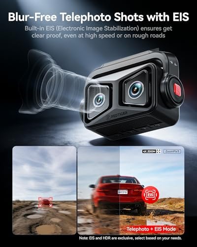 REDTIGER ZoomPix1 & Acc, Dash Cam Front and Rear, Telephoto+Wide Front Lenses for 100ft Plate Recognition, 4X Zoom, Dual STARVIS 2, 2K+1080P Recording, HDR Night Vision, 5.8GHz WiFi, Voice Control