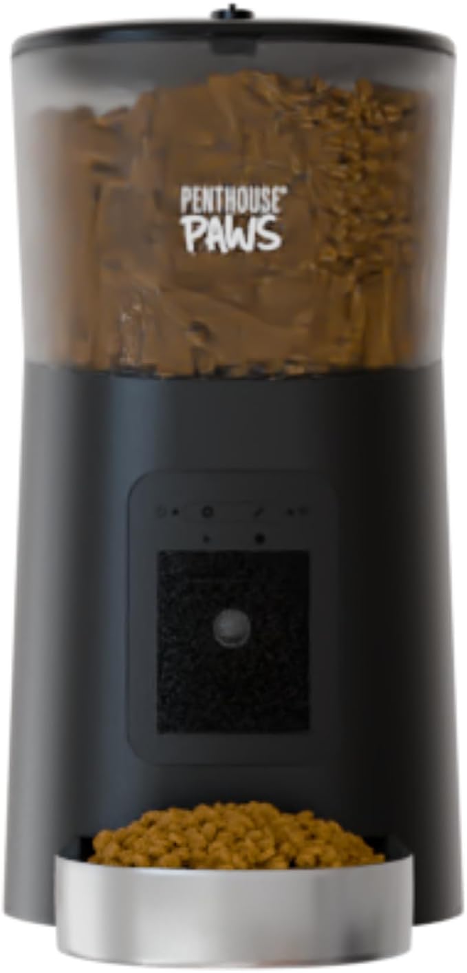 Penthouse Paws Smart HD Pet Feeder, 6L Dry Food Capacity, 1080p Camera, 2-Way Audio, Scheduled Meals, Backup Power, Easy to Clean, Anti-Jam Design for Cat & Dog, Black/Stainless Steel