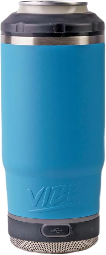 Vibe 4 In 1 Bluetooth Speaker Cup, Insulated Can and Bottle Holder for Hot or Cold Drinks, Double Wall Stainless Steel Drinkware, Fits 12 oz Cans or 14 oz Liquid, Water Blue