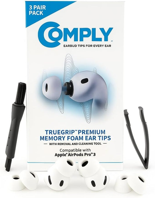 Comply TrueGrip | Premium Memory Foam Replacement Earbud Tips for Apple AirPods Pro Gen 3 | Long Lasting Comfort, Secure Fit, Superior Noise Isolation| White (Large) (3 Pairs)