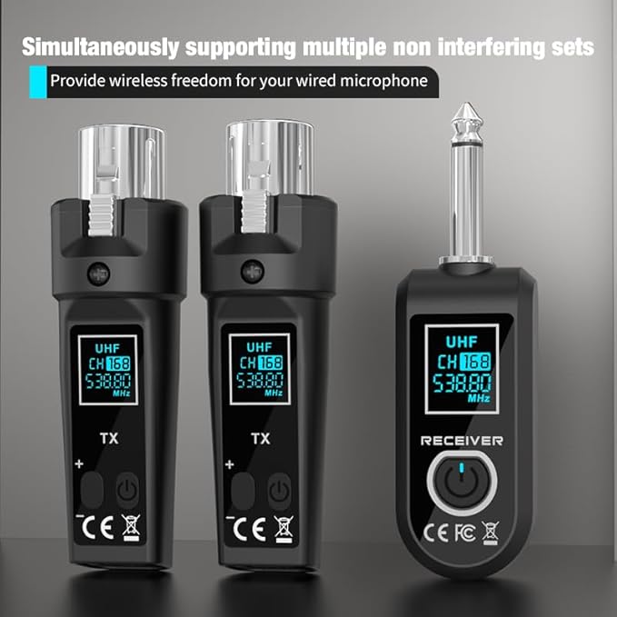 Upgrade 2.4GHZ Wireless XLR Transmitter and Receiver, Built-in Rechargeable Lithium Battery for Dynamic Microphone,Audio Mixer,Electric Guitar Bass (D 1 Receiver + 2 emitter)