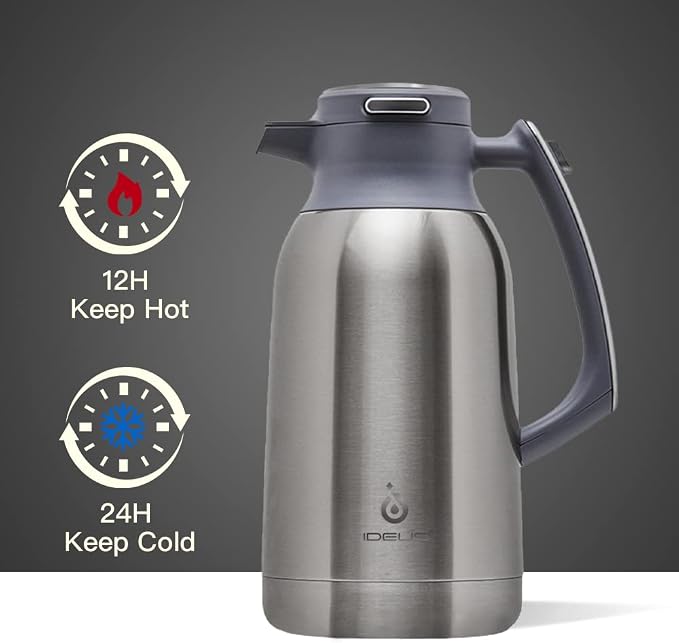 IDEUS Thermal Coffee Carafe, Stainless Steel Double Wall Insulated Vacuum Flask, Water Jug Coffee Server and Beverage Dispenser, Heat and Cold Retention (Metallic, 68, Fluid Ounces)