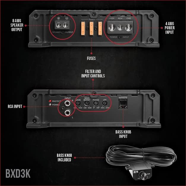 Belva BXD3K 3000W Peak BX-Series 1-Ohm Stable Class-D Monoblock Car Audio MOSFET Amplifier with Remote Subwoofer Level Control