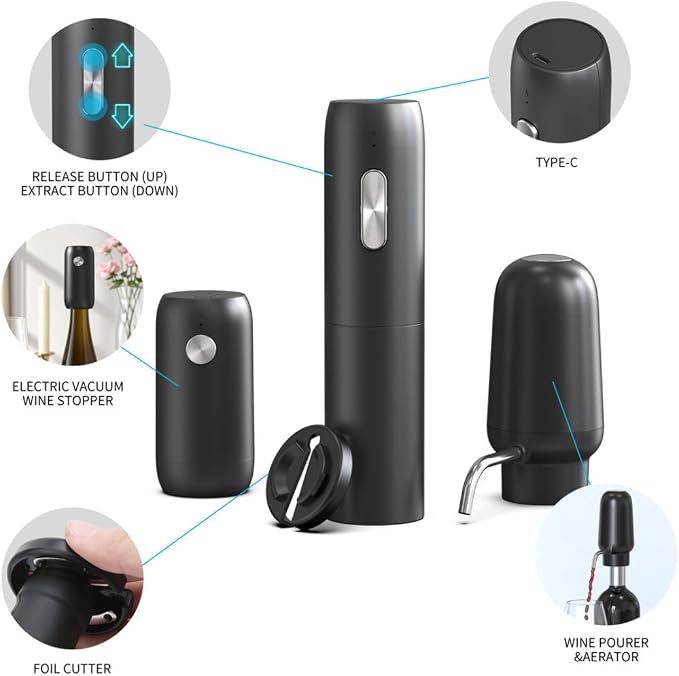 Rechargeable Electric Wine Opener Set - Includes Foil Cutter, Wine Aerator Dispenser, Electric Vacuum Stopper, Bamboo Charcuterie Board and Knives Set - Luxury Packaging for a Special Occasion