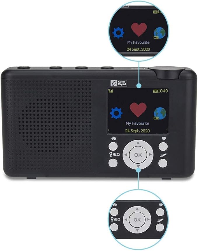 Ocean Digital WR-23F Portable FM Internet Radio 2.4” Color LCD Built-in Battery Wi-Fi Bluetooth (Black)