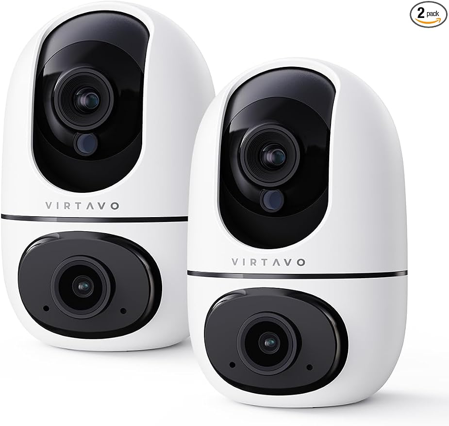 VIRTAVO XD1 Indoor Pet & Baby Camera, No Subscription Required, Dual-Lens 360° PTZ, Motion Tracking, 2-Way Audio, Night Vision, Cloud/SD Storage, Phone App, WiFi, 2-Pack,Power Adapter Included