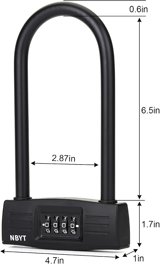 U Bike Lock - Heavy Duty Combination Lock for Motorcycle Wheel, Office Door, Fence & Gate - Resettable, Long Combination U-Lock in Black - Steel/Zinc/PVC Construction - 8.8 x 4.7 x 1.1 Inches