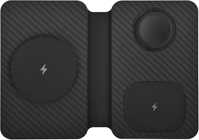 3-in-1 Charging Station for Apple Devices, Fast Mag Safe Wireless Charger, Foldable Travel Charger for Cell Phone 16-12 Series, AirPods, and iWatch Series (Carbon Fiber)