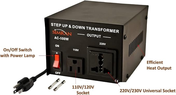 Simran AC-500 Step Up/Down Voltage Converter Transformer 110V/220V with Fuse Protection - 500 Watts