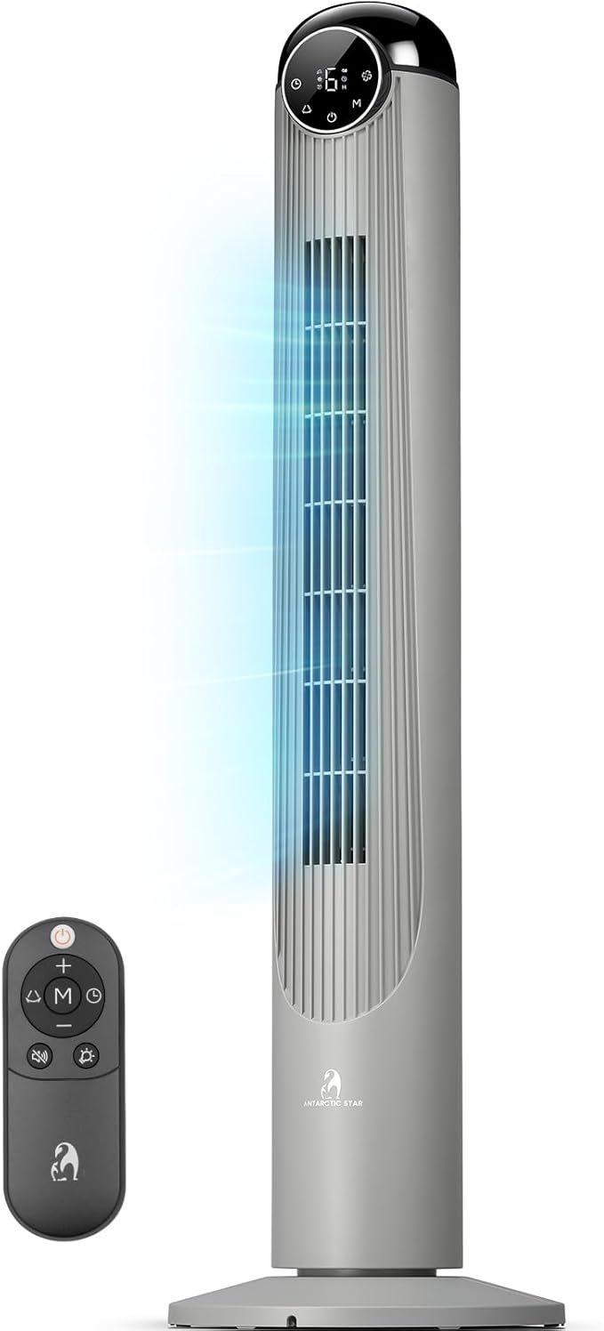 Antarctic Star T42 Tower Fan-42 Inch, Bladeless Oscillating Fan with Remote, 6 Speeds & 4 Modes, LED Display, 9H Timer, Quiet Floor Standing Fan for Bedroom Living Room Office, Grey