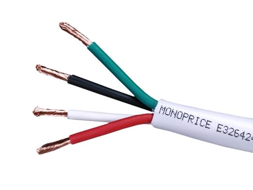 Monoprice Access Series 18 Gauge AWG CL2 Rated 4 Conductor Speaker Wire/ Cable - 100ft Fire Safety In Wall Rated, Jacketed In White PVC material 99.9% Oxygen-Free Pure Bare Copper