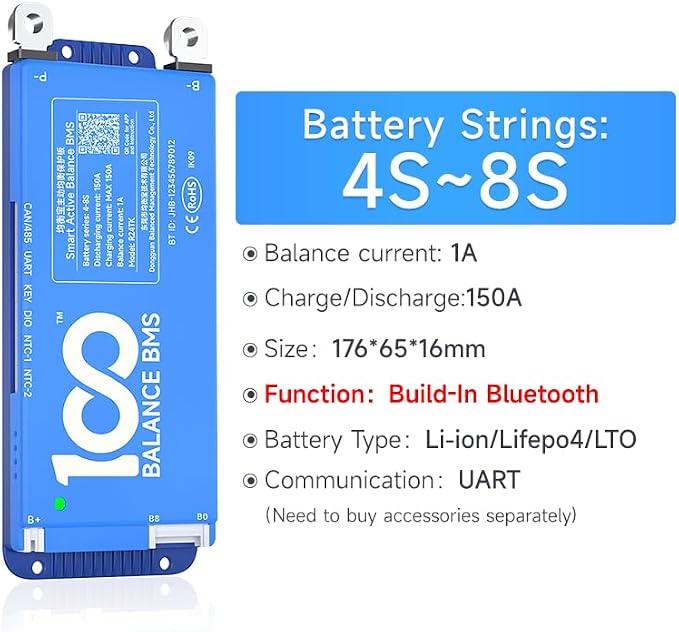 100BALANCE BMS 150A Active Balance 1A 8S-17S Build in Bluetooth Cell Balancing Smart PCB Battery Protection Board for Li-ion/Lifpo4/LTO Lithium Battery Pack
