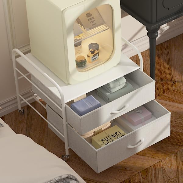 EazeHome Mini Fridge Stand, Fridge Stand with Storage, 2 Drawer Fridge Cart, Organizer Unit for Mini Fridge, Fridge Stand Table, Mini Fridge Table with Swivel Wheels,White