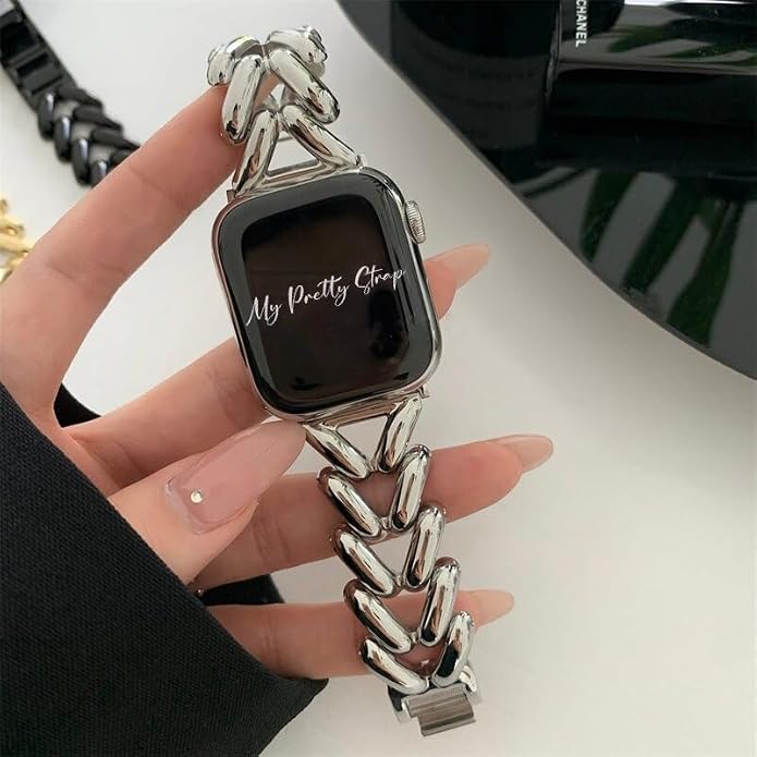 My Pretty Strap - Compatible Apple Watch Band Strap, Stainless Steel Fashion iWatch Replacement Strap- Easy Resizing, No Tool Needed, Fits Most Wrists- Series 1-11, SE and Ultra