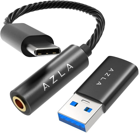 AZLA A100 Smart DAC – USB C to 3.5mm Audio Adapter, Aux to USB C Dongle for iPhone 16, Samsung Galaxy S23, Pixel, iPad Pro – USB-C to Headphone Jack Adapter with USB A Converter (Black)