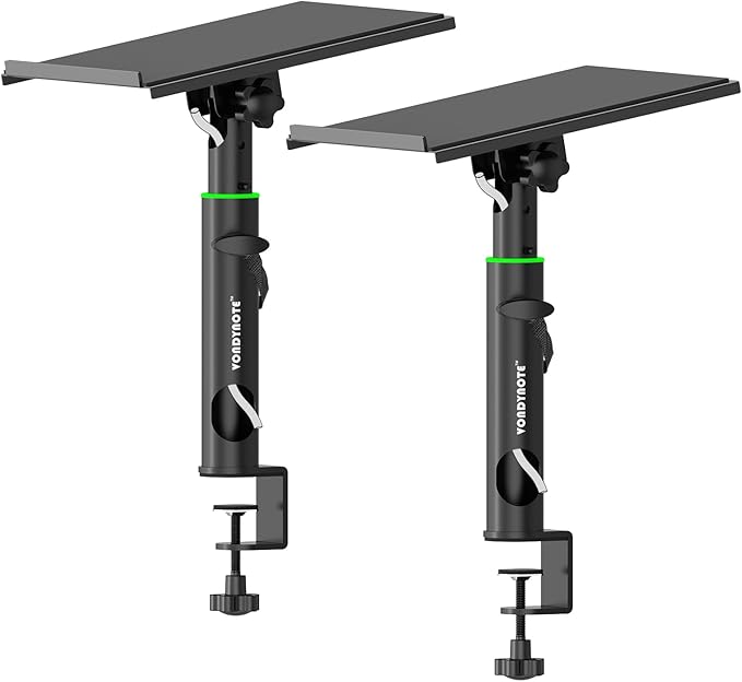 Vondynote Pair of Studio Monitor Stands Desk Clamp Speaker Stands 0-12°Tilt Height Adjustable with Cable Management