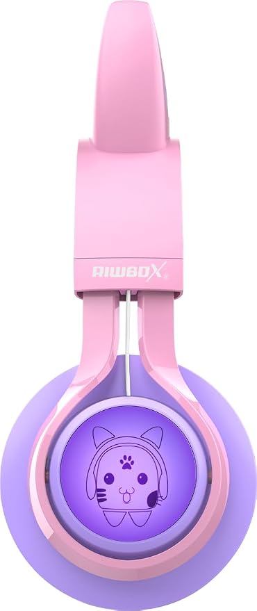 Riwbox Kids Headphones, CT-7S Cat Ear Bluetooth Headphones with LED Light, 85dB Volume Limiting, Over Ear with Microphone for Laptop/PC/TV (Pink&Purple)